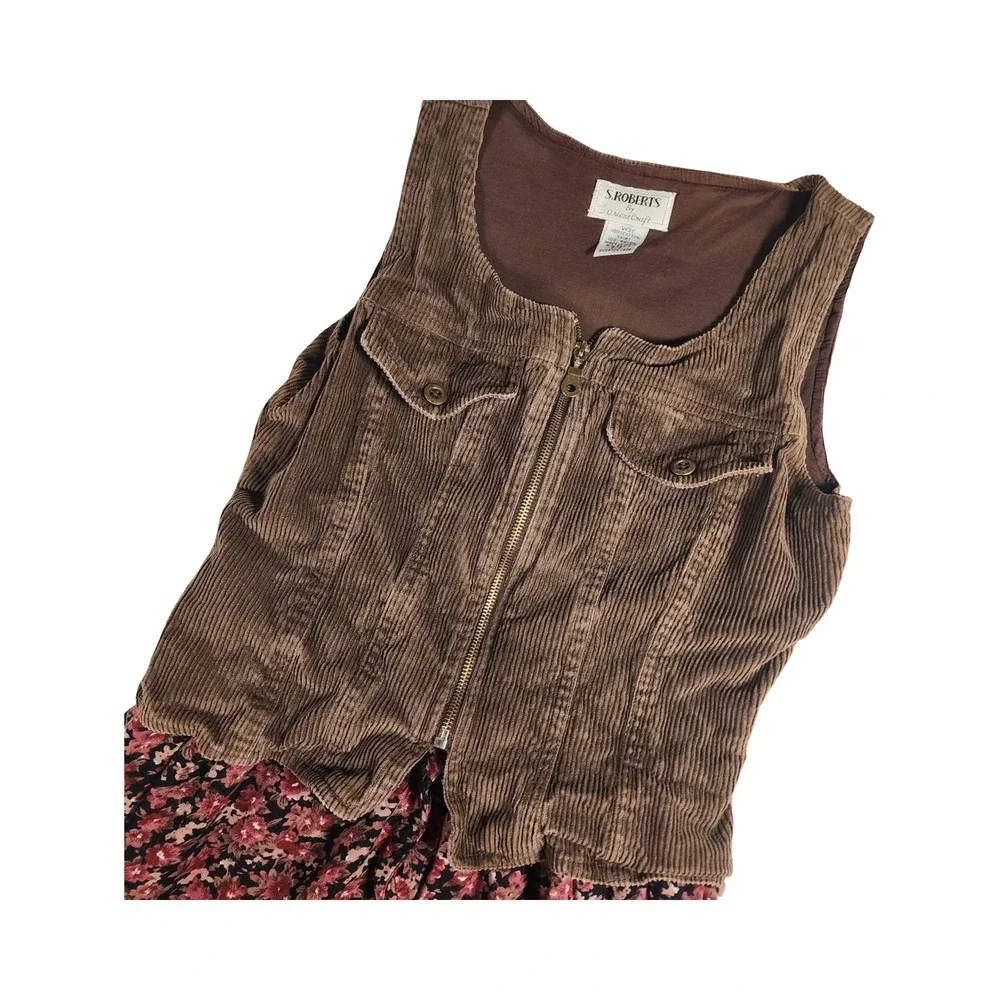 S. Roberts Vintage 90s Corduroy Floral Mixed‎ Midi Dress Brown Pink Friends 5/6